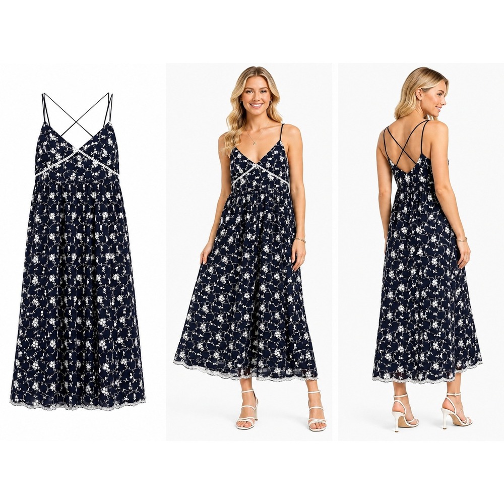 70F/21C Midi Dress L Floral Embroidered Cottagecore Coquette Summer Garden Party